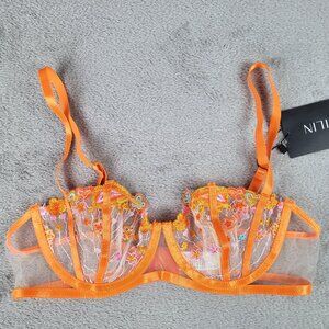 Prilin Balconette Bra Women's S Orange Embroidered Flowers Semi Sheer Feminine